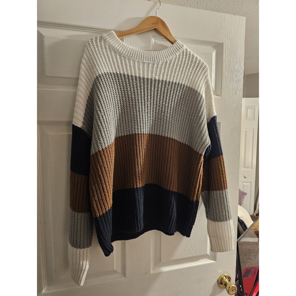 Merokeety Women’s XL Chunky Knit Color Block Sweater Crewneck Cozy Fall - Picture 3 of 8
